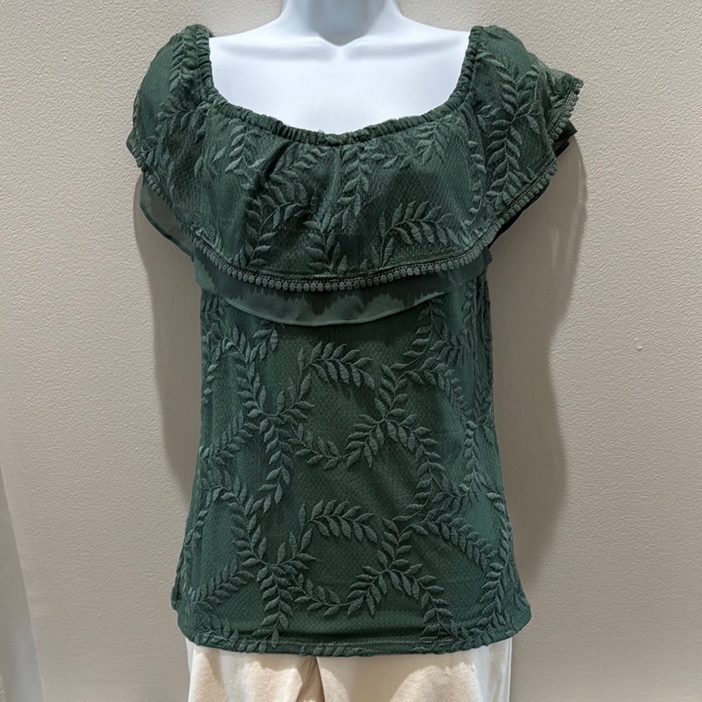 Green Ruffled Off-the-Shoulder Blouse - Picture 2 of 7
